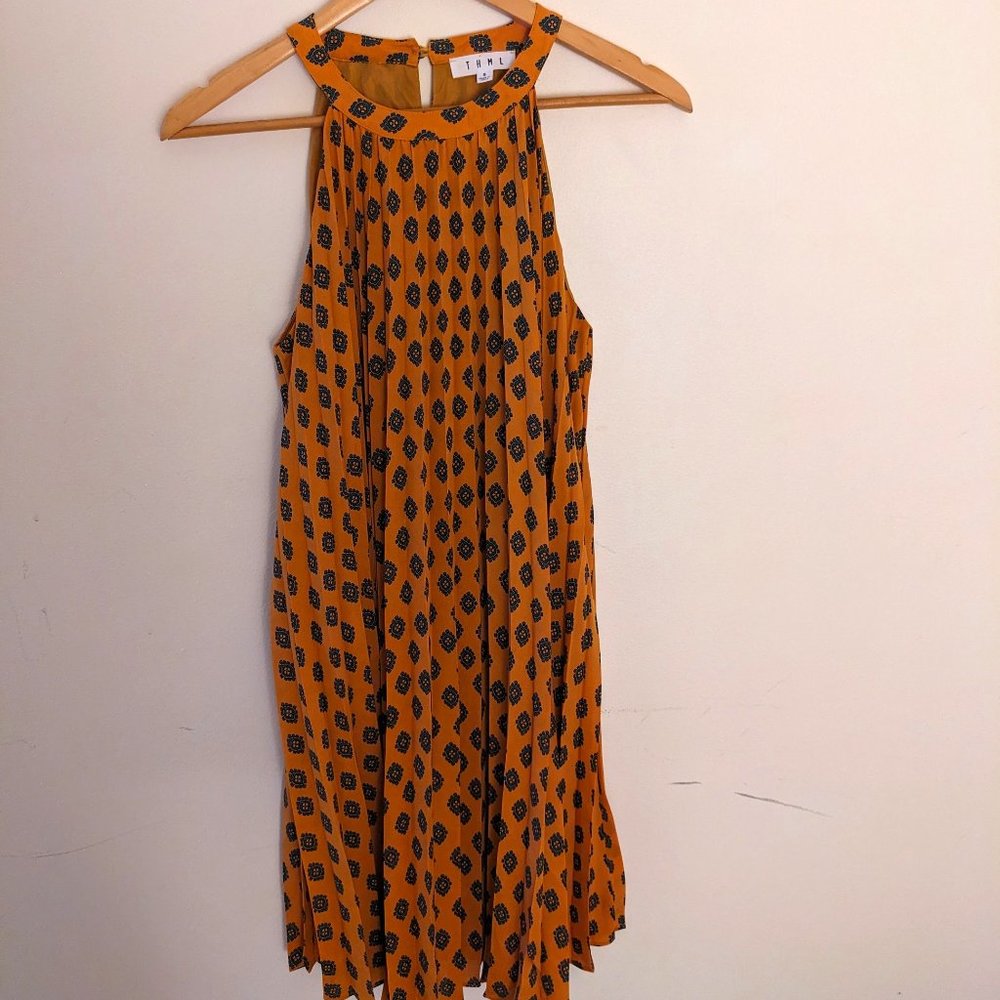THML - Orange and Green Paisley Pleated Sleeveless Dress